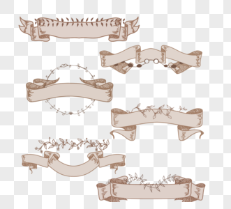 棕色手绘丝带与复古植物元素图片