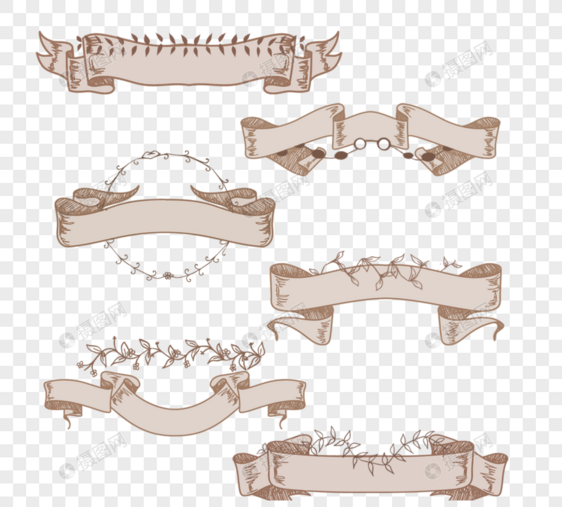 棕色手绘丝带与复古植物元素图片