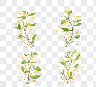 手绘金色枝桠绿色花卉图片