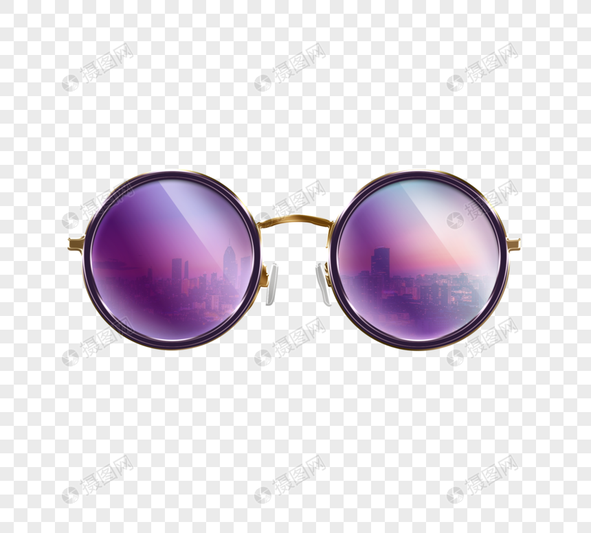 时尚复古紫色圆形夕阳下旅游城市倒影金色镜框太阳眼镜图片