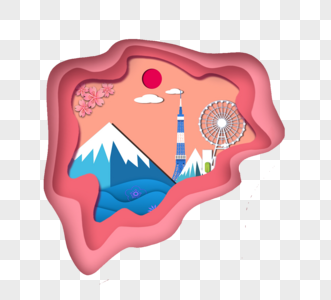 日本建筑剪纸风3d立体元素高清图片