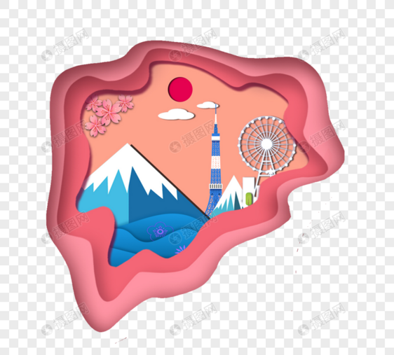 日本建筑剪纸风3d立体元素图片