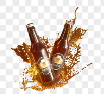 3d立体喷溅液体和啤酒瓶元素图片