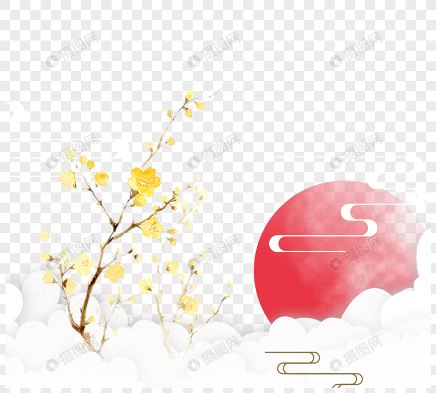 中国风树木圆月元素图片