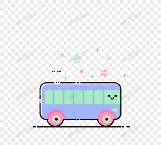 卡通可爱浅粉紫彩色MBE风格公交车交通工具元素图片