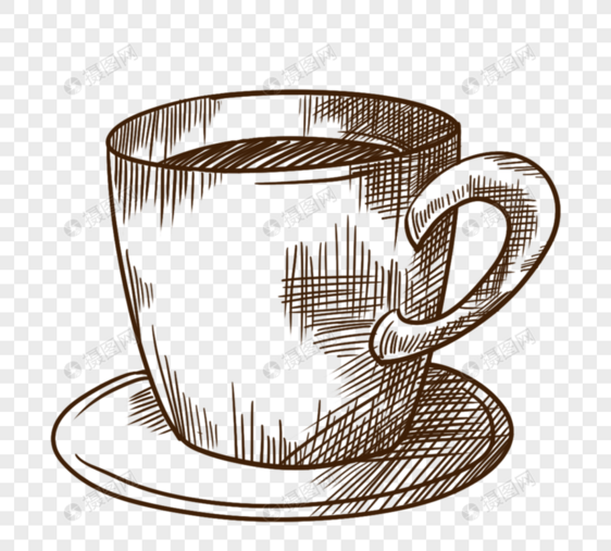 黑白线描咖啡杯元素图片