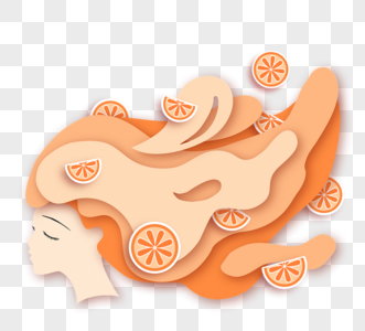 橘色长发橘子水果少女剪纸头像图片