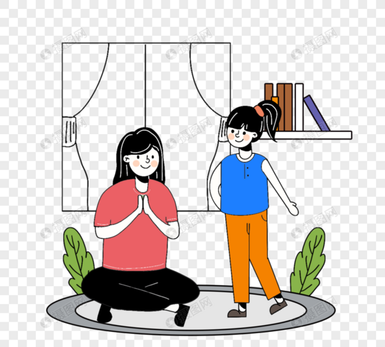 卡通手绘家庭瑜伽亲子活动图图片