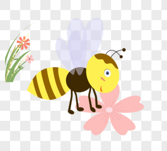 黄色扁平风蜜蜂采蜜元素图片
