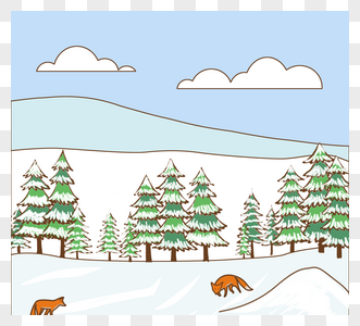 线动画片风冬天狐狸例证在山森林里图片