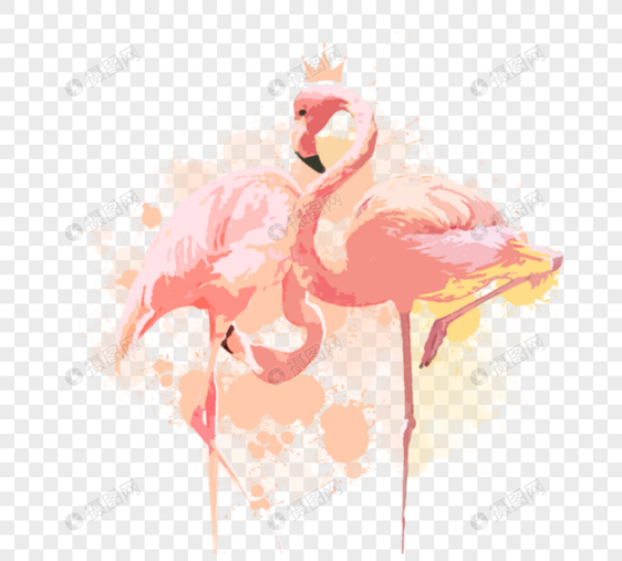 手绘水彩色块粉色爱情火烈鸟图片