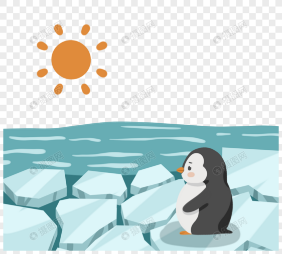 手绘卡通冰川融化企鹅元素图片