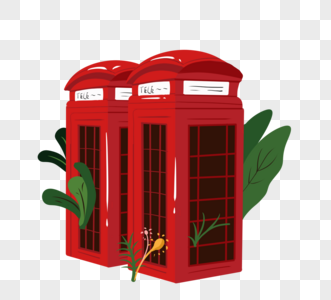 手绘植物红色电话亭图图片