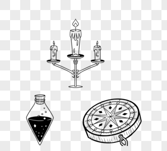 手绘烛台罗盘药水瓶线描图片