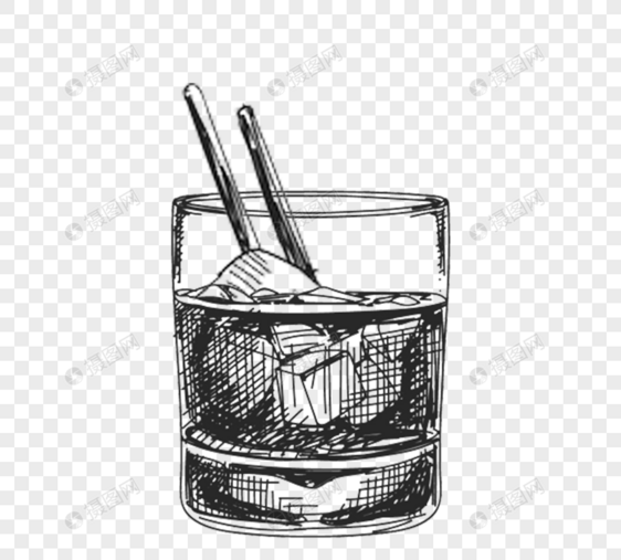 一杯黑白色线描手绘加冰水图片
