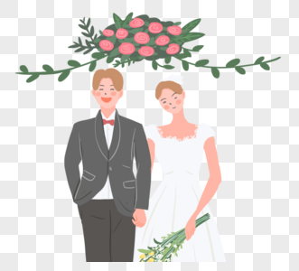 韩式配色手绘小清新风格玫瑰花束走进婚礼殿堂新人元素图片