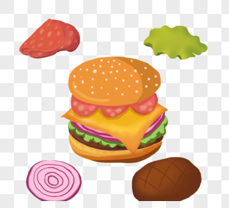 手绘快餐汉堡包和材料图片