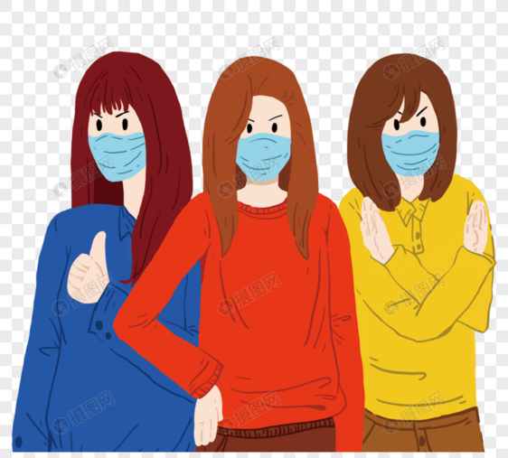手绘预防病毒戴口罩女生元素图片