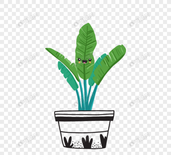 可爱卡通绿色植物黑色盆栽图片