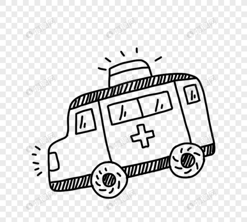 手绘黑色线描速写救护车