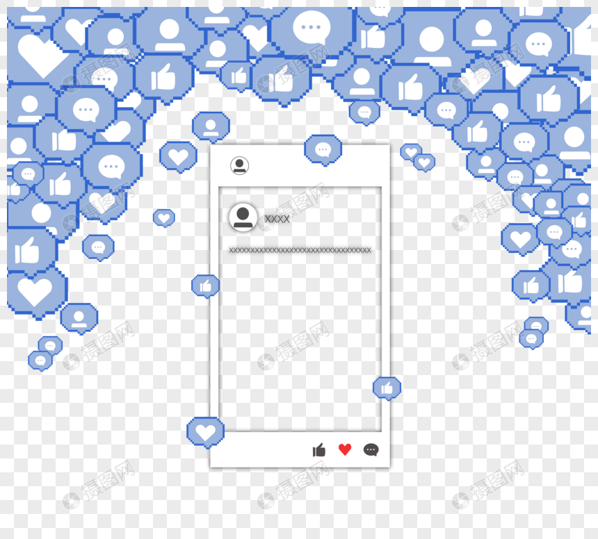 蓝色像素点赞社交媒体边框图片