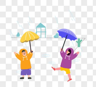 手绘卡通儿童雨天玩耍图片