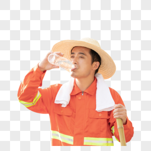 喝水休息的环卫工人图片