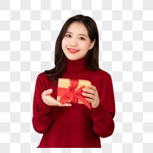 穿红色毛衣的女性手捧礼物盒图片