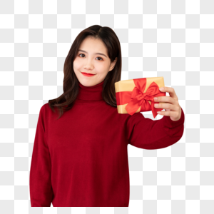 穿红色毛衣的女性手捧礼物盒图片