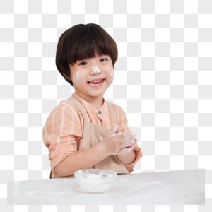 儿童小男孩在厨房撒面粉嬉戏图片