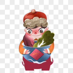 抱着蔬菜和腊肉的男孩图片