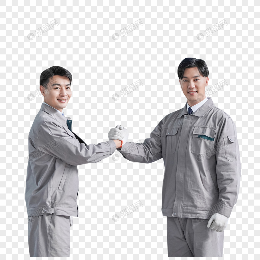车间里的汽车维修工人握手合作图片
