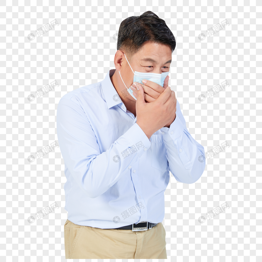 戴着口罩咳嗽的男性图片