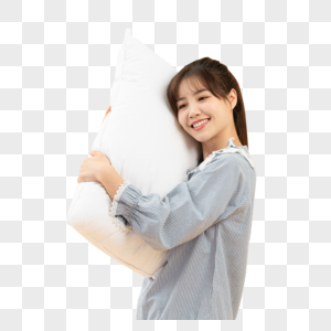 穿着睡衣的女孩手抱枕头图片素材