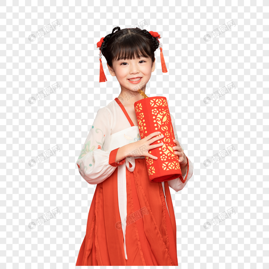 古风汉服中国风小女孩抱爆竹