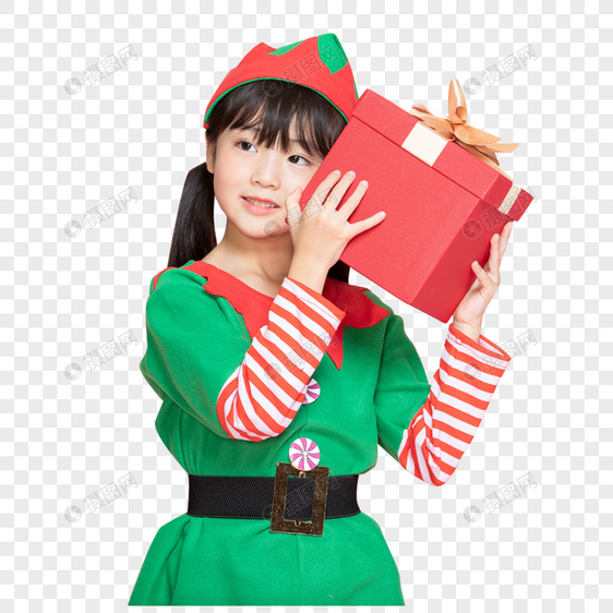 可爱小女孩cos装扮过圣诞节拿礼物盒图片