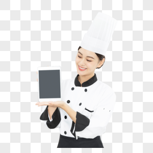 女性烘焙师展示平板电脑图片