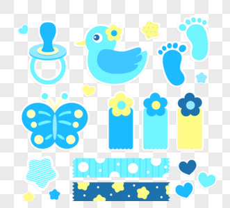 清新可爱蓝黄白色婴儿主题贴纸装饰图片