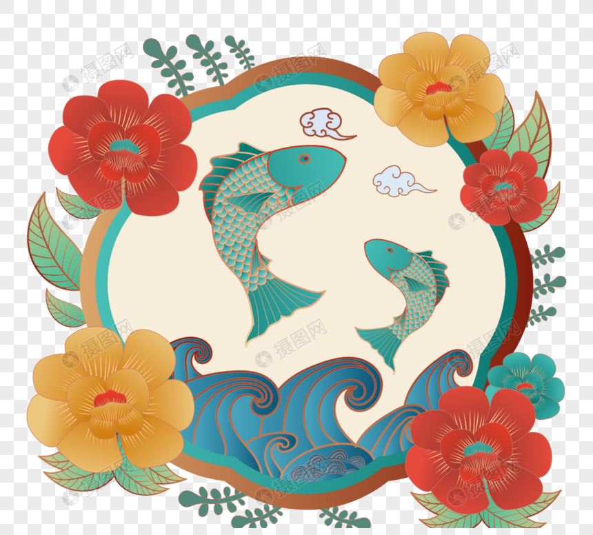中国节日鱼花朵云蓝色河水图片
