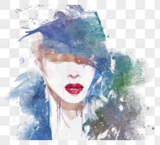 蓝色水彩女人肖像喷溅手绘元素图片