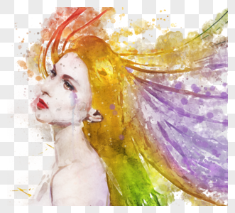 彩色水彩女人肖像喷溅手绘元素图片