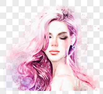 粉色水彩女人肖像喷溅手绘元素图片