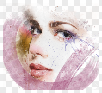 水彩女人肖像喷溅笔触手绘元素图片
