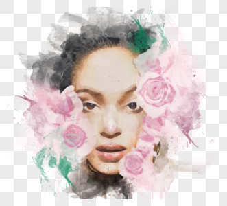 花卉黑人水彩女人肖像喷溅手绘元素高清图片