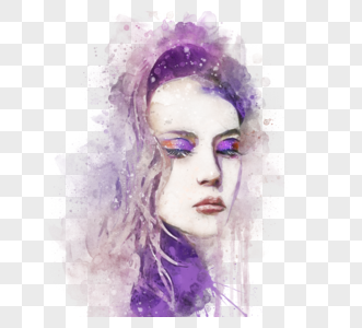 紫色流动水彩女人肖像喷溅手绘元素图片