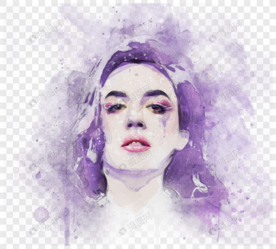 紫色水彩女人肖像喷溅手绘元素图片