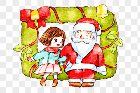 手绘和圣诞老人合影的小女孩图片