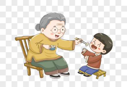 祖母冬至时节吃饺子的祖孙两素材