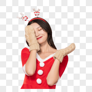 甜美女性戴圣诞头饰手套欢庆圣诞图片