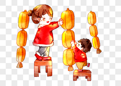 新春挂灯笼的母子图片素材